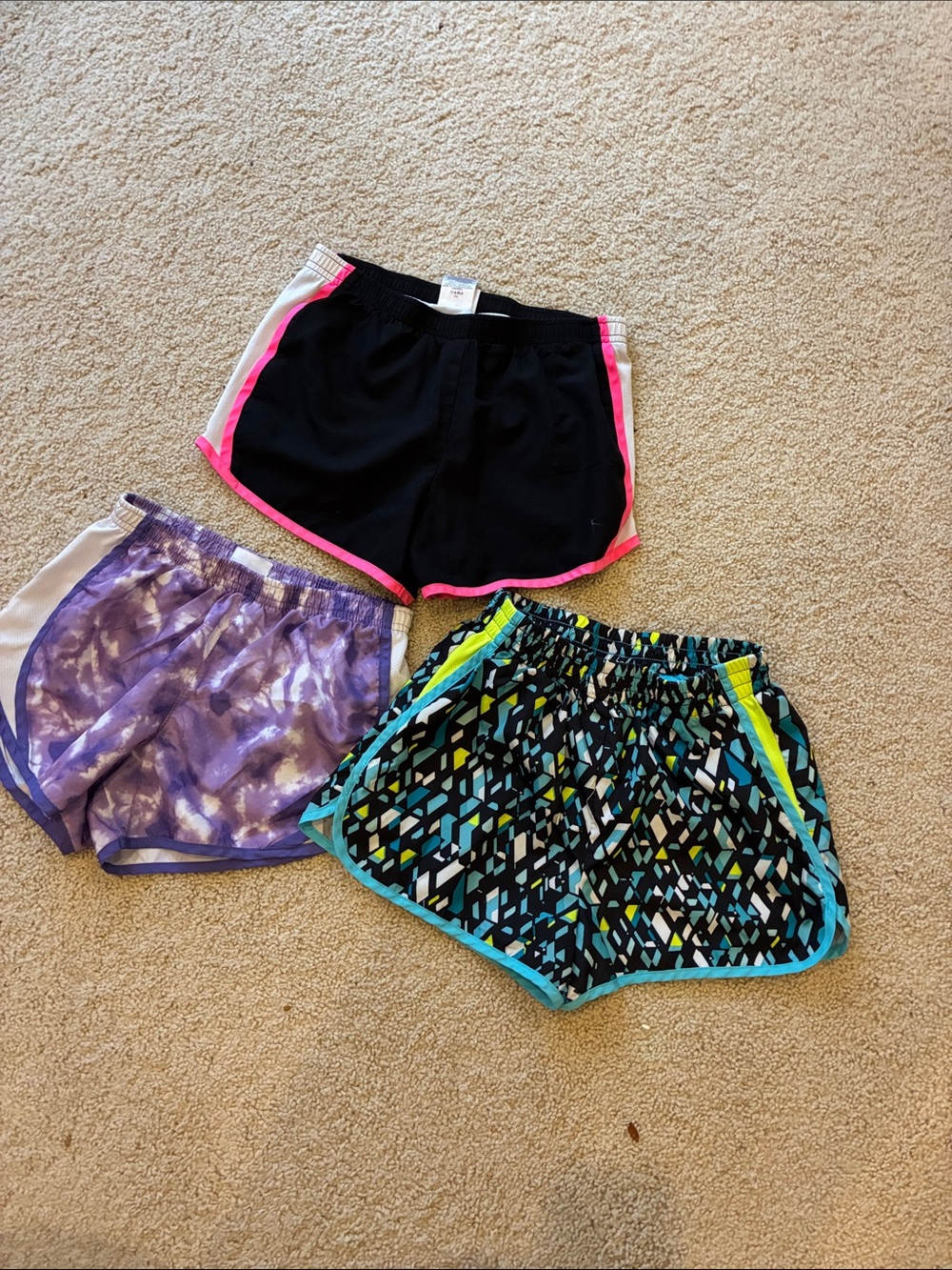 Girls 10/12 - 3 pair lot Athletic Running Shorts - black, purple, teal